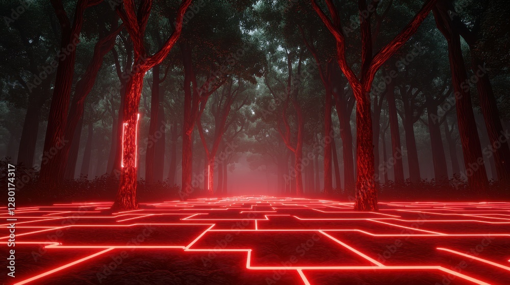 Naklejka premium A mystical forest pathway illuminated by striking red lights, creating a surreal and futuristic atmosphere amidst dense trees.