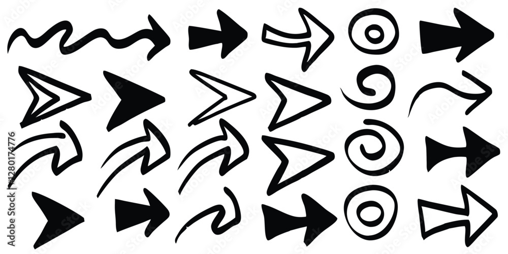 hand-drawn arrow icon set features grunge marker line scribbles, curve brush strokes, sketch direction shapes, and marks, creating a black artistic punk style graphic element. hand-drawn arrow icon set features grunge marker line scribbles, curve brush strokes, sketch direction shapes, and marks, creating a black artistic punk style graphic element.
