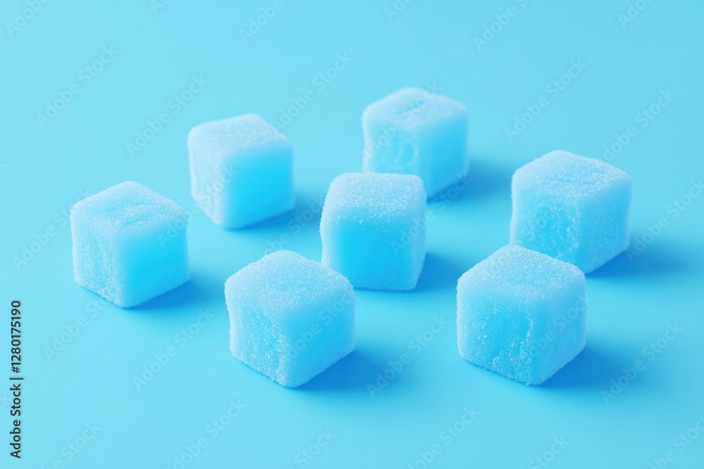 Seven light blue sugar cubes on a blue background. Seven light blue sugar cubes on a blue background.