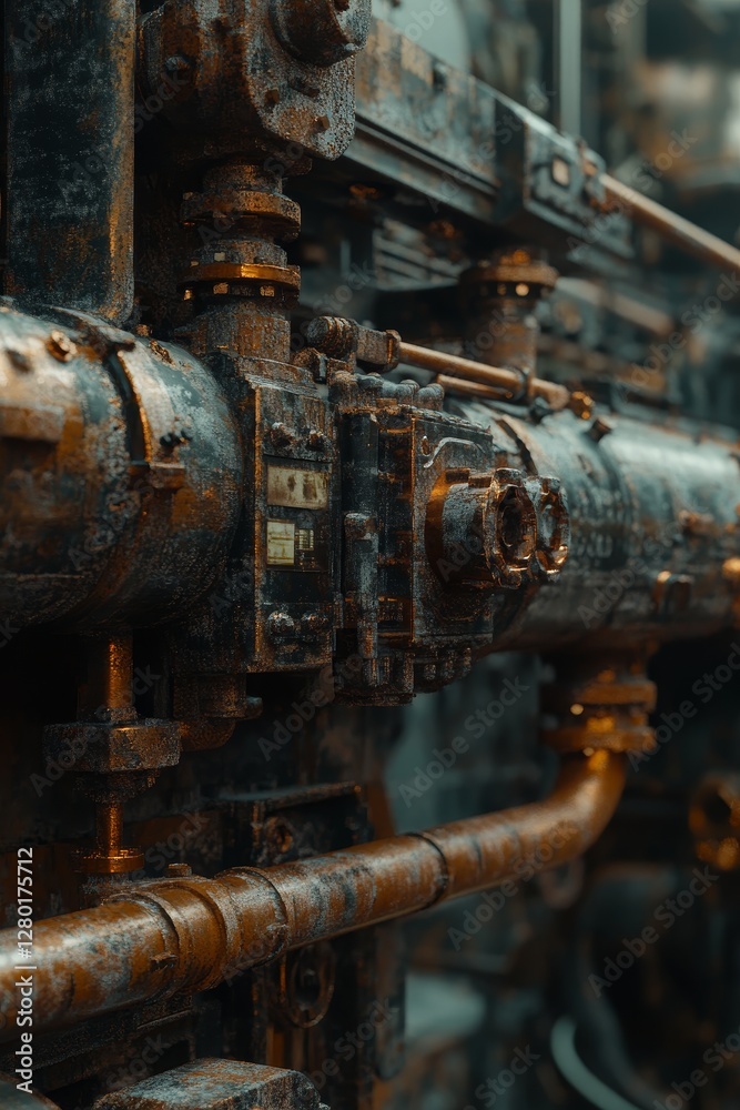 Rusty industrial engine detail, close-up view, with steam locomotive background. Possible use Industrial design, steampunk, machinery Rusty industrial engine detail, close-up view, with steam locomotive background. Possible use Industrial design, steampunk, machinery