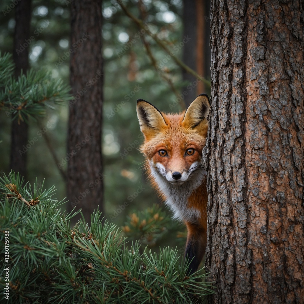 Obraz premium A curious fox peeking out from behind a pine tree.