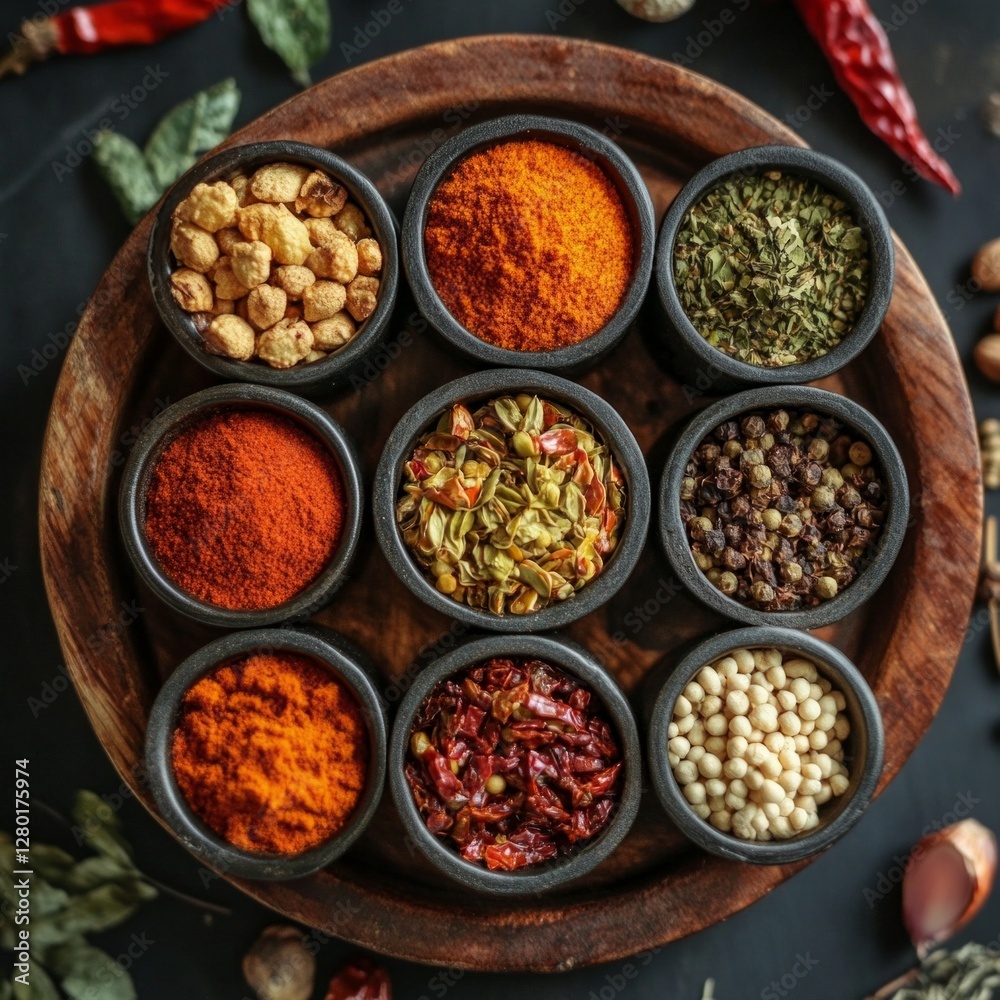 Assorted spices in bowls on wooden tray displaying rich colors and textures Assorted spices in bowls on wooden tray displaying rich colors and textures