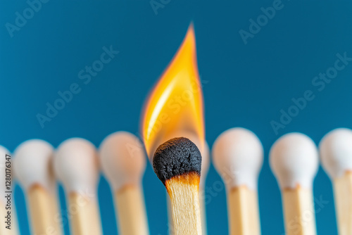A close-up of a single burnt matchstick standing out from the row of unlit matches on a blue background, symbolizing an individual who stands apart and has different ideas.