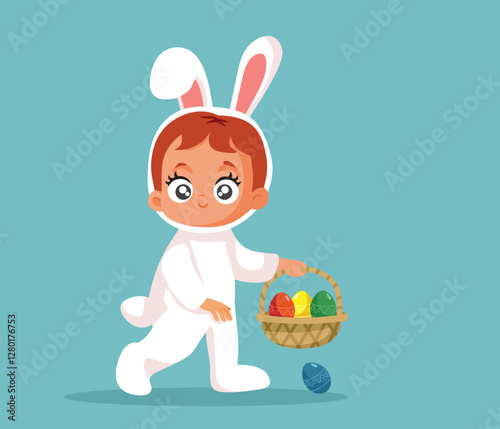 Girl Going on Egg Hunt in Rabbit Outfit Vector Easter Illustration. Kid Dressed as a Bunny for an Easter traditional game
