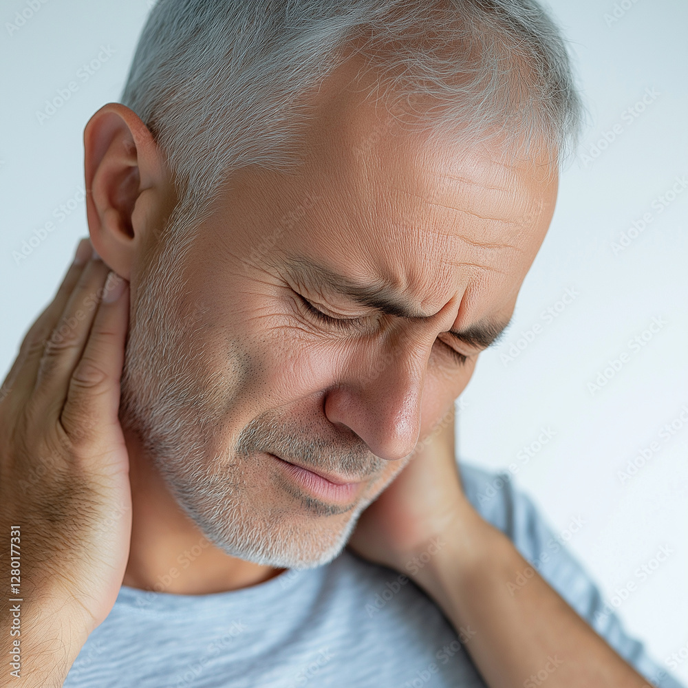 Obraz premium A middle-aged man is holding his neck in pain, with a close-up of his face and upper body. The background color is white, with no other elements or objects. He has gray hair and we