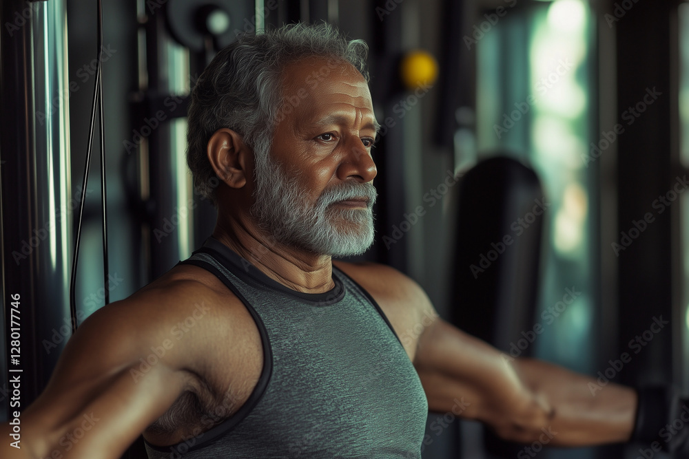 man in a gym is looking at the camera. He is wearing a grey tank top and he is focused on his workout man in a gym is looking at the camera. He is wearing a grey tank top and he is focused on his workout