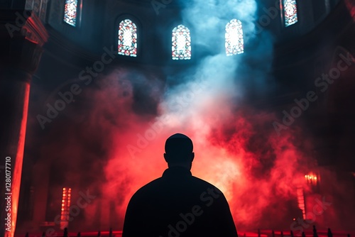 A Muslim Male Praying in Silhouette Form Inside a Mosque. photo