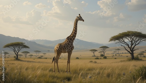 Giraffe Standing Tall in African Savannah Landscape with Acacia Trees