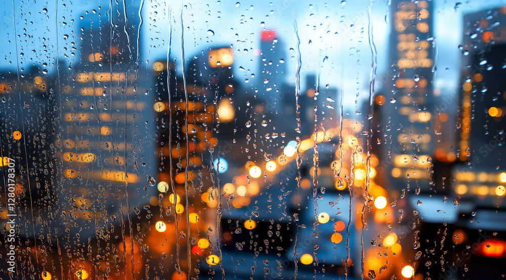 Obraz premium Rainy cityscape background with blurred lights and skyscrapers visible through the window, creating an atmospheric and urban ambiance. High-resolution photography. Minimalist stock