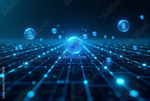 A quantum computing AI background featuring high-tech floating symbols, futuristic grids, and a deep space digital aesthetic