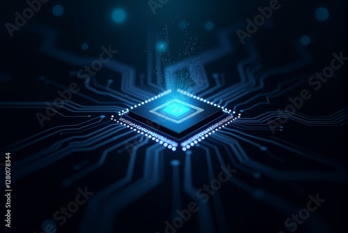 An artificial intelligence chip glowing in a dark cyber environment, symbolizing advanced computing, machine learning, and next-gen processors.