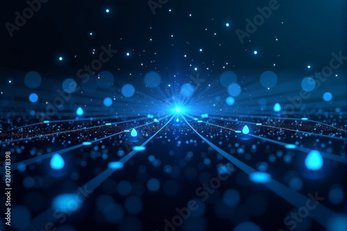 A quantum computing AI background featuring high-tech floating symbols, futuristic grids, and a deep space digital aesthetic