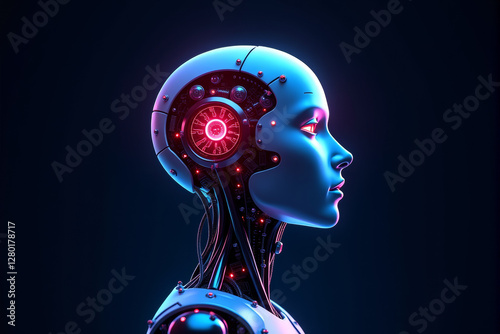 A neon-lit, AI-driven robotic head with visible circuits and digital interface elements, symbolizing artificial intelligence in robotics..