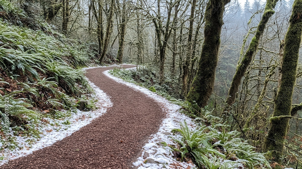 Obraz premium Winding Forest Path Winter Snow Ferns Trees
