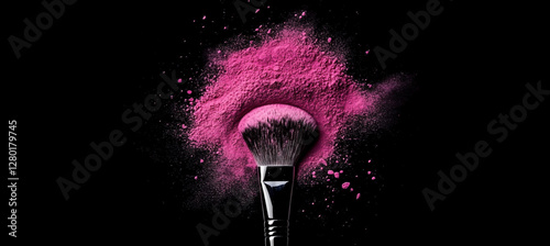 A makeup brush with a pink powder explosion behind it, creating an artistic and colorful effect on the black background. photo