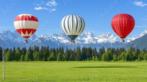 Scenic hot air balloon ride over green meadow and mountain range under a clear blue sky offering inspiring views and recreational activity