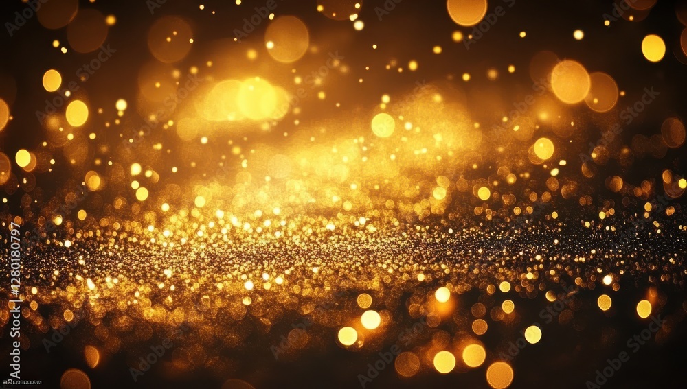 Obraz premium Shimmering Golden Bokeh Background with Soft Blurry Lights Creating a Dreamy, Festive Atmosphere for Creative Projects and Designs