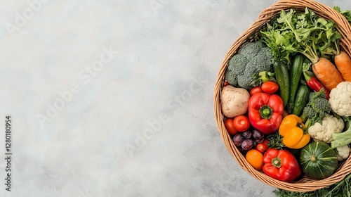 A basket filled with fresh vegetables and greens on a textured background.