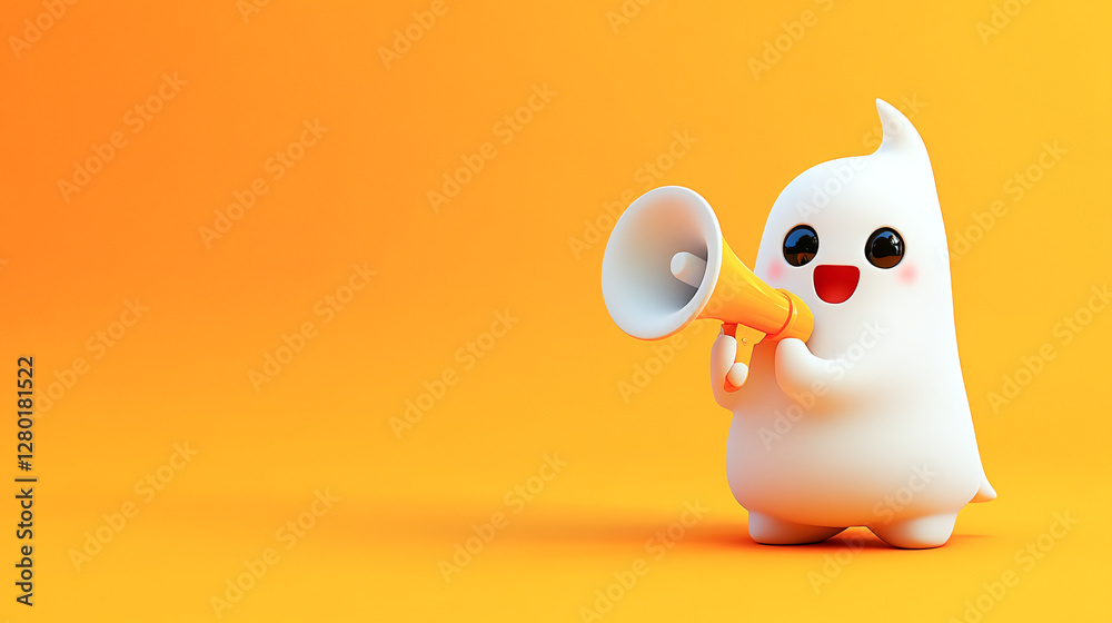 Obraz premium Cute 3d ghost holding a megaphone on an orange background with copy space
