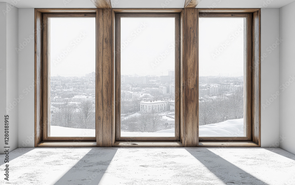 Fototapeta premium Winter day with snowy landscape seen through large wooden windows