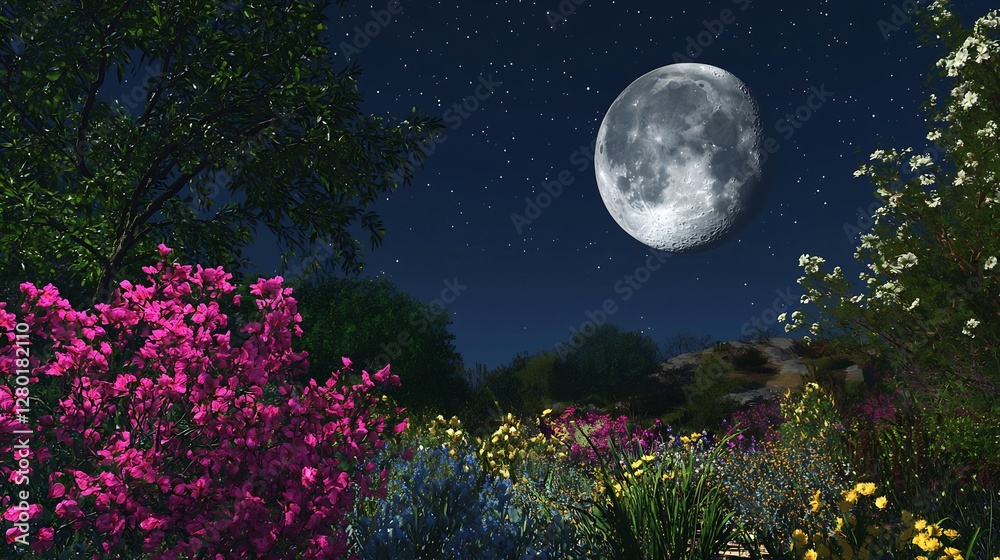 Fototapeta premium Night garden, full moon, starry sky, floral beauty, tranquil scene, nature wallpaper