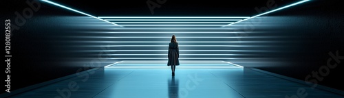 Wallpaper Mural a futuristic fashion runway where models wear dynamic holographic outfits that shift in real-time, immersive digital effects, sleek cyberpunk aesthetics, high-fashion editorial quality, Torontodigital.ca