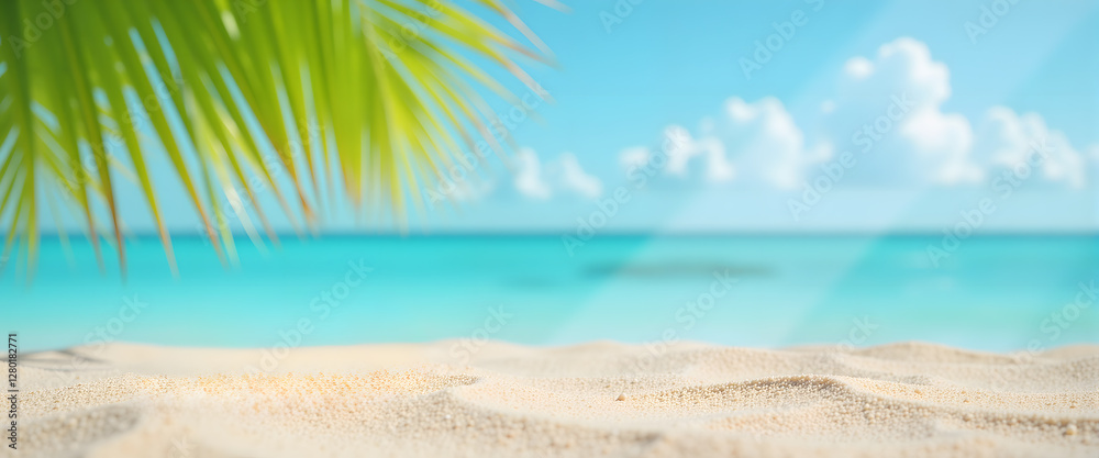 Fototapeta premium Tropical beach with palm tree, sand and turquoise sea, summer vacation
