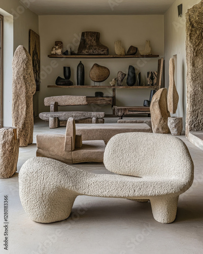 Unique minimalist furniture display in a modern sculptural interior space