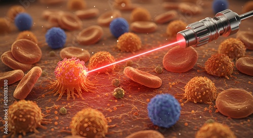 Laser beam targeting cancer cells, symbolizing precision in cancer therapy.
