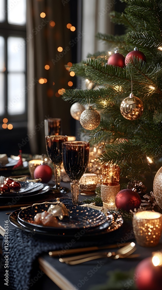 Elegant festive table setting with black plates and a decorative Christmas tree. Elegant festive table setting with black plates and a decorative Christmas tree.