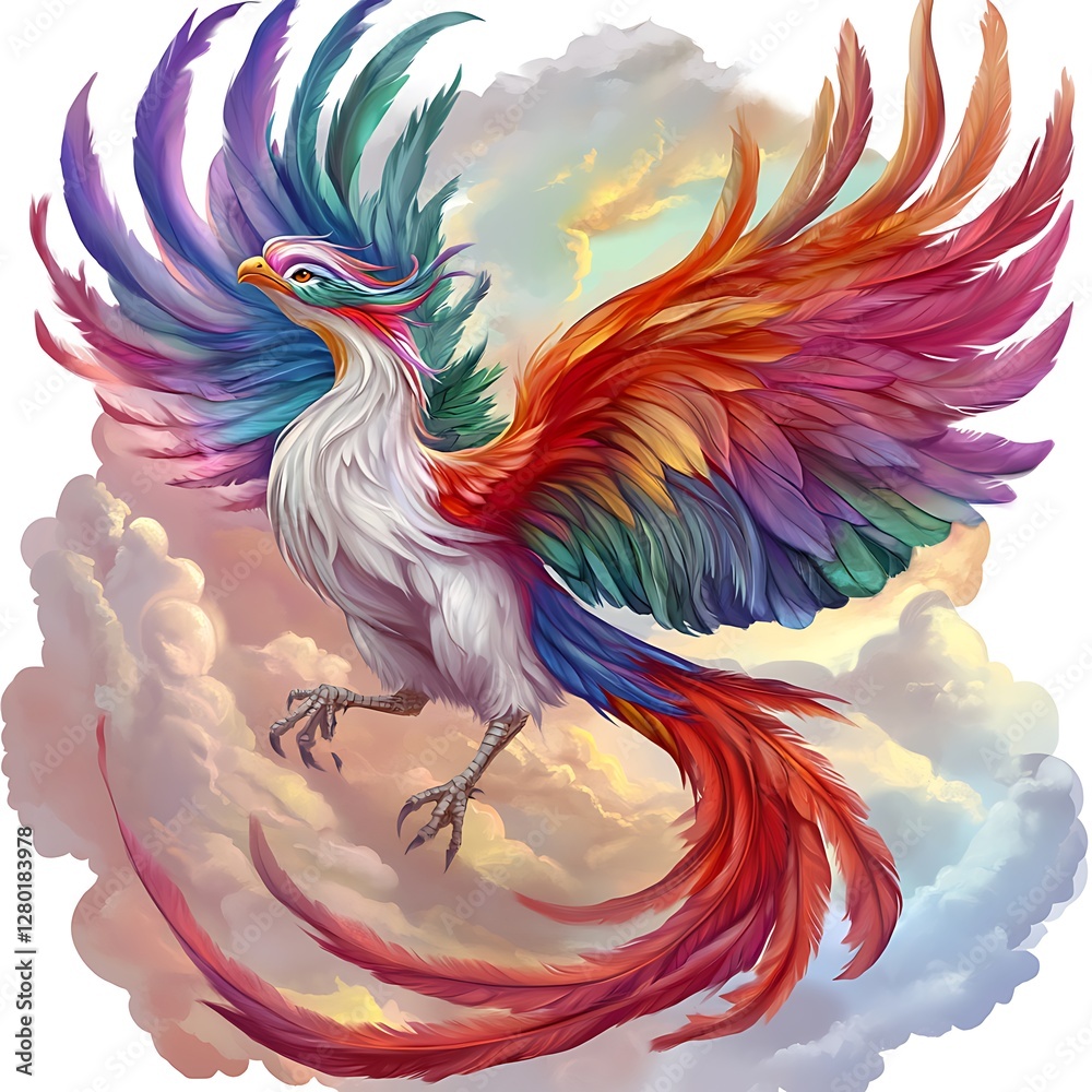 Fototapeta premium Rainbow Phoenix Bird in Flight Vibrant Plumage Against Pastel Sky