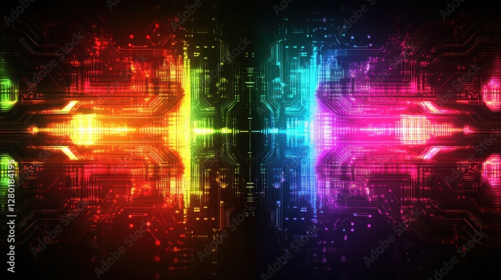 Abstract electronic circuit board glowing in futuristic colors, symbolizing innovation and tech progress Abstract electronic circuit board glowing in futuristic colors, symbolizing innovation and tech progress
