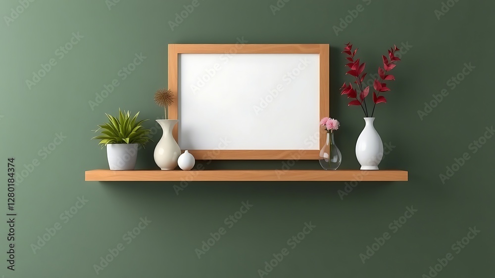 Minimalist green wall with floating shelf, modern vases, and indoor plants for a clean, chic look and empty wooden frame Minimalist green wall with floating shelf, modern vases, and indoor plants for a clean, chic look and empty wooden frame