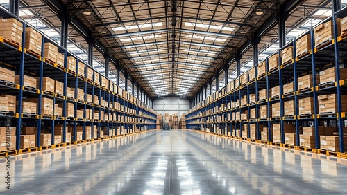 Large industrial warehouse with high shelves and clean, organized layout. Bright lighting and spacious design for modern storage solutions photo