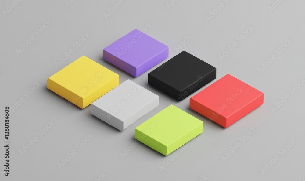 Obraz premium Six colorful square blocks on gray background.