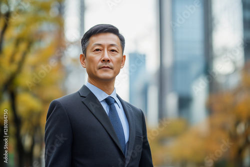 A man in a suit and tie is smiling for the camera. He looks confident and professional. The image is set in a city with tall buildings in the background.