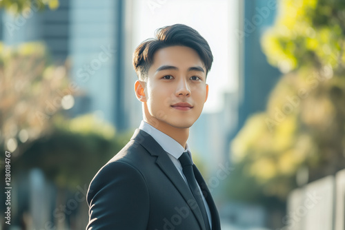 A man in a suit and tie is smiling for the camera. He looks confident and professional. The image is set in a city with tall buildings in the background.