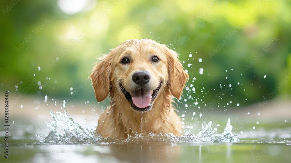 Golden retriever joyfully splashing in serene water setting outdoors Golden retriever joyfully splashing in serene water setting outdoors