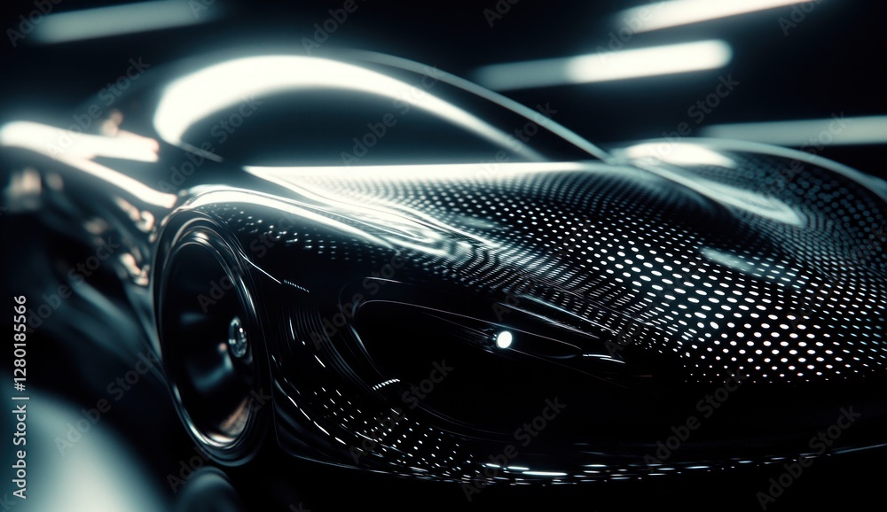 Fototapeta premium Sleek black concept car with textured body, headlights, and reflective surface in dark garage.