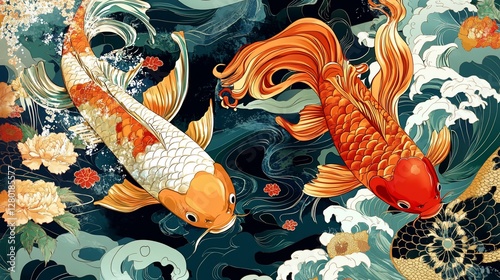 Koi fish swim amidst waves & flowers; Asian art print