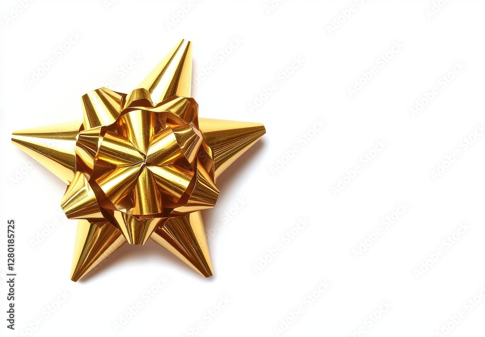 Shiny Gold Star-Shaped Gift Bow on White Background Perfect for Holiday and Celebration Present Decoration and Seasonal Festivity Ornamentation Shiny Gold Star-Shaped Gift Bow on White Background Perfect for Holiday and Celebration Present Decoration and Seasonal Festivity Ornamentation