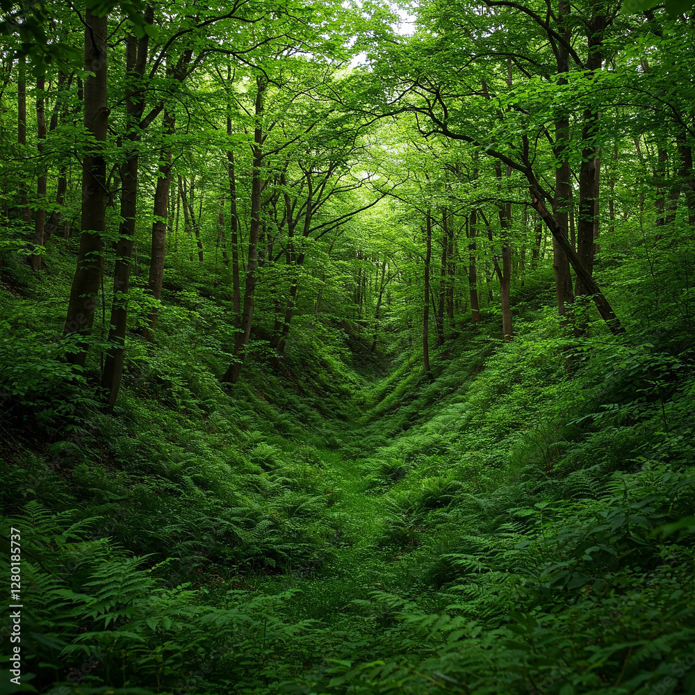 Obraz premium green forest in the morning. Lush Green Ravine with Thriving Trees and Serene Woodland Ambiance, their vibrant leaves, deep shade and a feeling of sanctuary and abundance in forest.