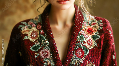 Close-up of a woman wearing a cozy burgundy cardigan, adorned with delicate details, offering a warm and stylish look perfect for casual or layered outfits 