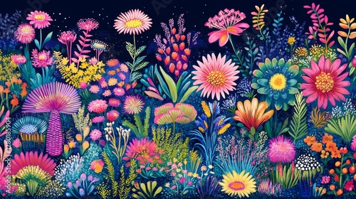 Vivid botanical fantasia midnight bloom garden floral illustration with whimsical charm and fairytale aesthetic dreamlike floral fantasy backdrop