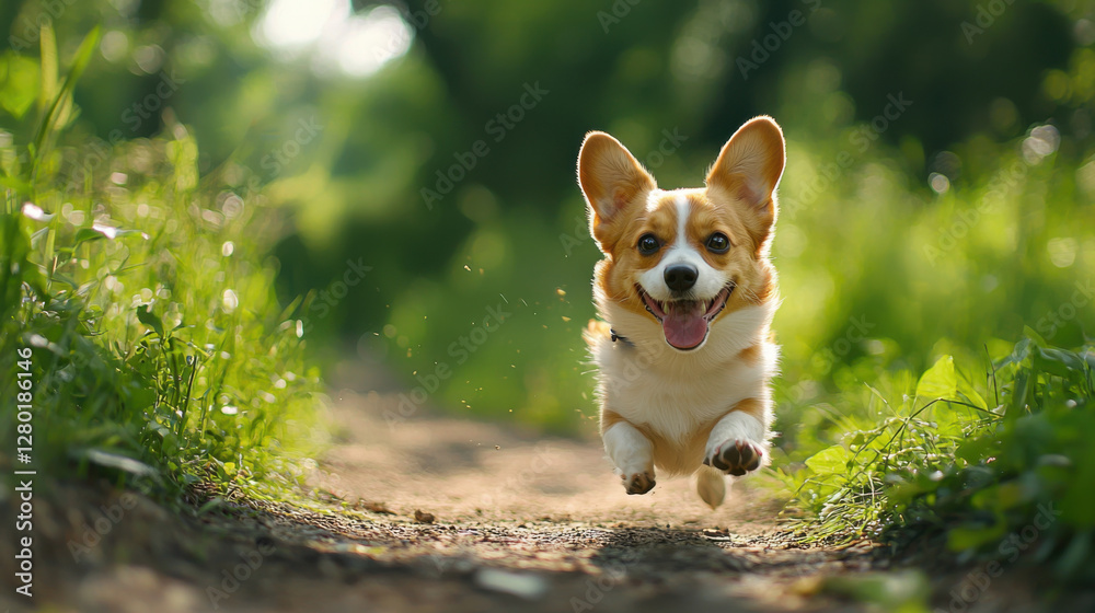 Happy corgi running on dirt path surrounded by lush greenery Happy corgi running on dirt path surrounded by lush greenery