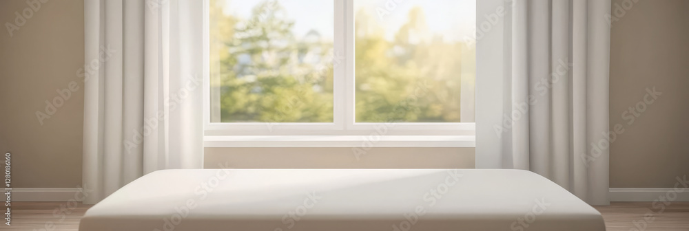 Bright and airy bedroom with a view of nature through large windows Bright and airy bedroom with a view of nature through large windows