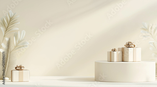 3D rendering of a beige background with a podium and gift boxes,Generative AI