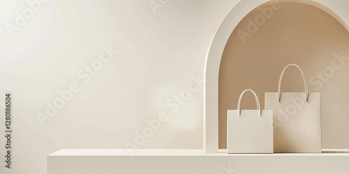 A minimalist composition featuring two white paper shopping bags and three abstract geometric shapes in light beige,Generative AI