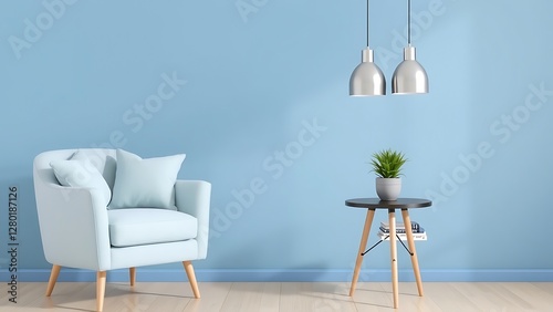 Minimalist blue accent wall with armchair and natural decor, creating a cozy and relaxing corner with bright natural light photo