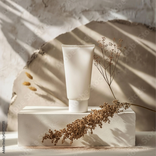 A mockup of an empty white skincare tube, placed on top of a simple cream,Generative AI